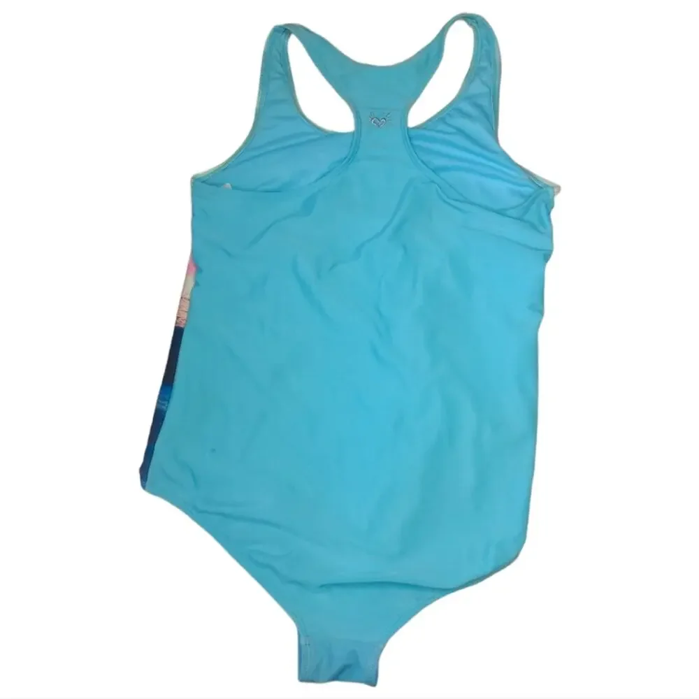 JUSTICE 16 PLUS Surf Teal Beach One Piece Swimsuit Palm Trees Girls Plus